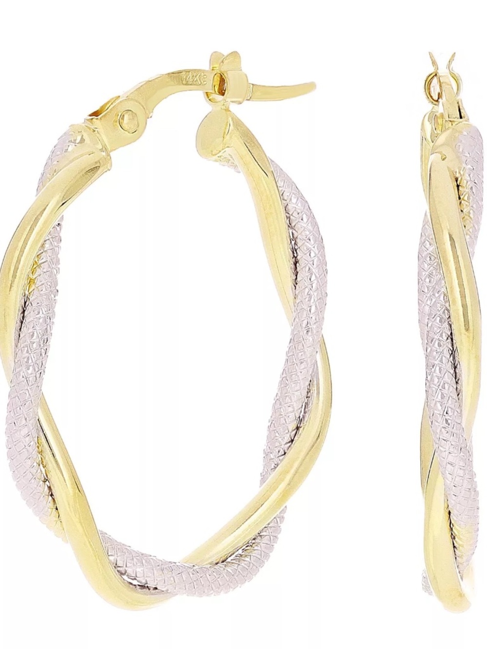 Italian 14k Yellow & White Gold Lattice Shine Twisted Hollow Hoop Earrings 1"